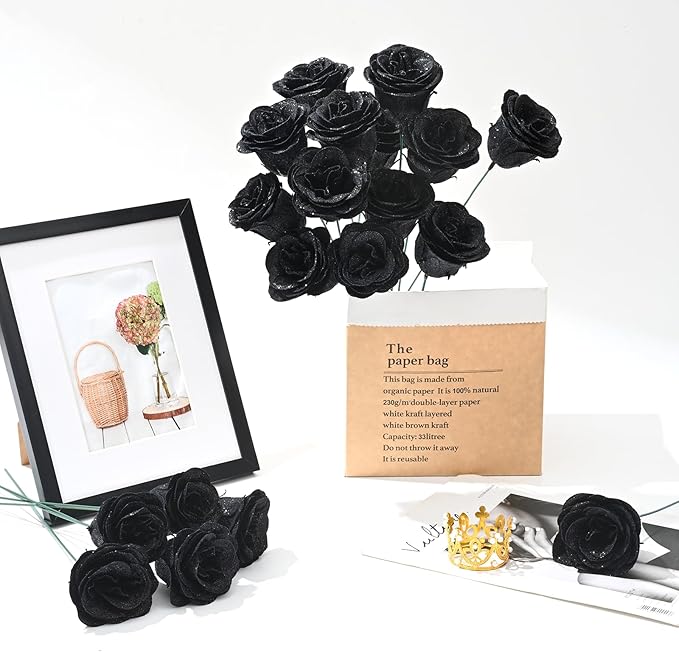 Waipfaru Glitter Roses Bouquet, DIY Fake Flowers Bouquet, Birthday Gifts for Women Mom, 36 Pcs Black Rose for Grandma Wife Girlfriend Valentines, Mothers Day, Anniversary, Graduation