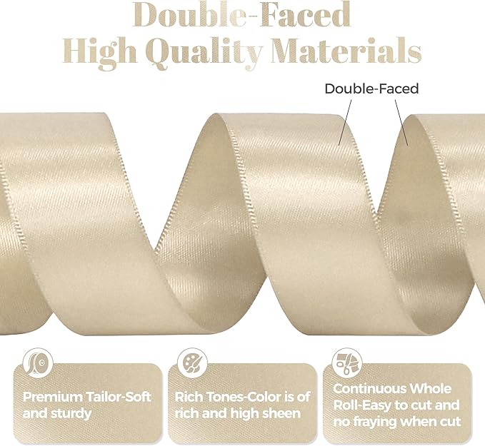 Beige Satin Ribbon, Double Faced 1 Inch X 50 Yards Beige Ribbon, Premium Satin Ribbon for Gift Wrapping, Crafts, Hair Bow Making, Sewing, Flower Bouquet, Wedding Party Decor