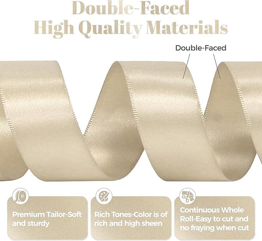 Beige Satin Ribbon, Double Faced 1 Inch X 50 Yards Beige Ribbon, Premium Satin Ribbon for Gift Wrapping, Crafts, Hair Bow Making, Sewing, Flower Bouquet, Wedding Party Decor
