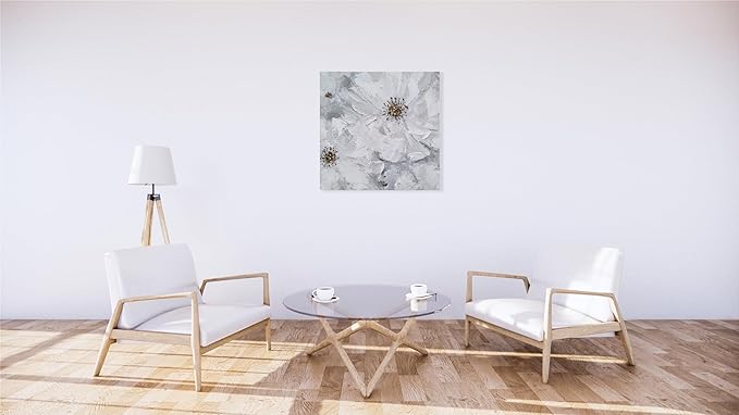 SYGALLERIER White and Gray Flower Blooms Wall Art - Handcrafted Floral Canvas with Gold Foil Embellishments Modern Flower Wall Decor for Livingroom Bedroom Bathroom 40X40