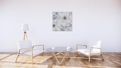 SYGALLERIER White and Gray Flower Blooms Wall Art - Handcrafted Floral Canvas with Gold Foil Embellishments Modern Flower Wall Decor for Livingroom Bedroom Bathroom 40X40