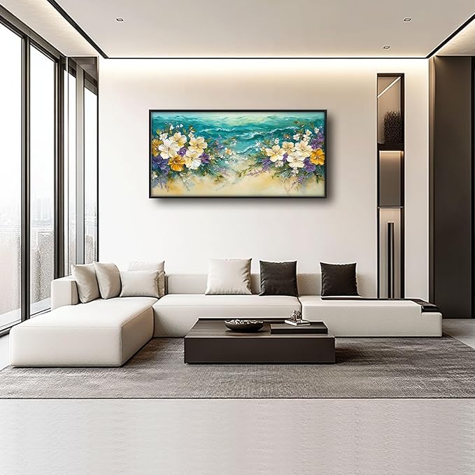 Beach Floral Large Wall Art Coastal Flower Pictures Wall Decor Summer Canvas Seascape Print Painting Modern Artwork Home Decoration for Living Room Bathroom Bedroom Office Framed 60"x30"