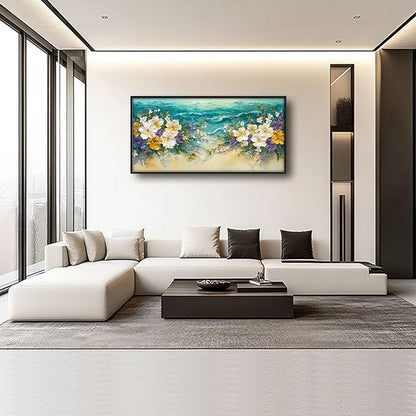 Beach Floral Large Wall Art Coastal Flower Pictures Wall Decor Summer Canvas Seascape Print Painting Modern Artwork Home Decoration for Living Room Bathroom Bedroom Office Framed 60"x30"