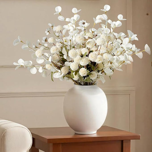 Real-Touch Faux Silk Mums Bouquet, Bendable Long Stems, Full & Realistic Artificial Flower Arrangement for Vase, Table, Wedding & Wreath Décor, Beige(No Vase) (White Kiku+Wax+Eucalyptus)