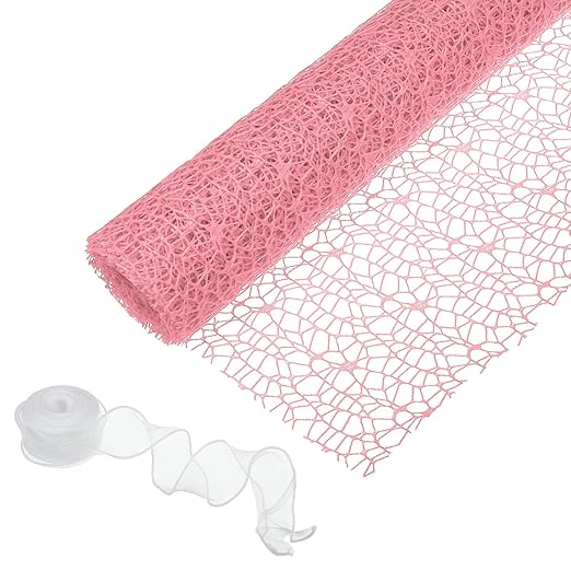 PATIKIL Flower Wrapping Mesh Paper, 15ft Floral Bouquet Craft Packaging Hollow Net Yarn with Ribbon for Flowers Gift Packaging, Pink