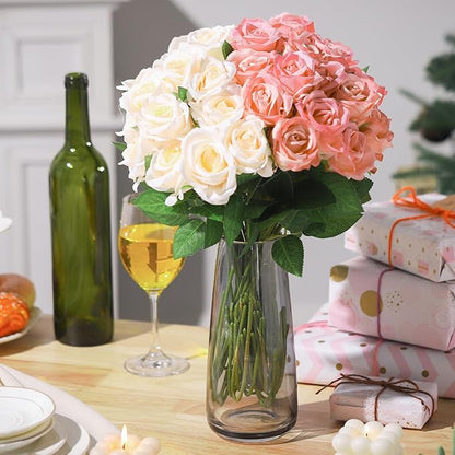 36 Pcs Pink Champagne Rose Artificial Flowers Bulk with Long Stem,Realistic Silk Fake Roses Plastic Roses Bouquet Artificial Flowers for Bridal Wedding Arrangement Table Centerpieces Decor