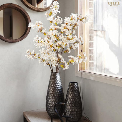 Uieke Silk Cherry Blossom Branches, 39.3in Artificial Cherry Blossom Tree Stems, Fake Plum Blossom Flowers Arrangement for Wedding Home Japanese Decor, Set of 3, White