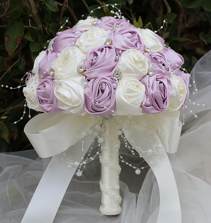 Bridal Wedding Bouquet Round Bling Brooch Bouquet Throw Toss Artificial Rose Flower Bunch for Bride Bridesmaid Wedding Quinceanera(Light Taro Purple & Ivory, 6.3")