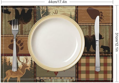 Retro Rustic Lodge Bears Placemats Set of 4, Vintage Cabin Farmhouse Country Style Place Mats, Heat Resistant Non Slip Cotton Linen Dining Table Mats for Home Kitchen 18x12 Inch