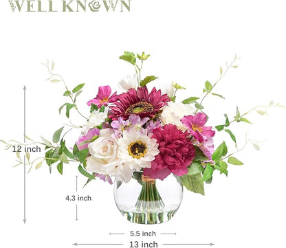 Artificial Flowers Centerpieces in Glass Vase with Fake Water, Silk White Rose Sunflowers Peony Bouquet with Vase for Birthday Party Wedding Dinning Table Office Hotel Decor (Fuchsia Mixed Plus)