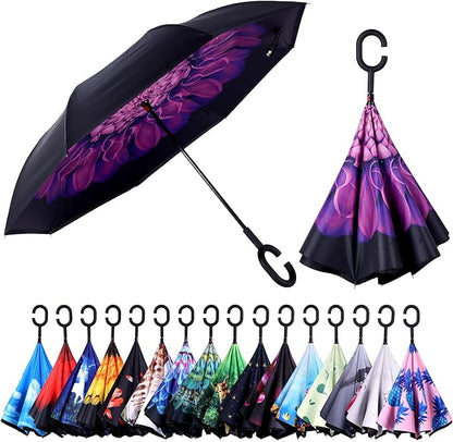 Inverted Umbrella, 49 Inch Double-Layer Vented Reverse Umbrella, Windproof Waterproof UV Protection, Lightweight C-Handle, Fiberglass Ribs, Steel Shaft, Travel/Commute/Car Use, With Sleeve