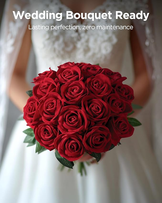 InnoGear 50 Pcs Red Roses Artificial Flowers, Fake Velvet Silk Rose Bulk Faux Flower for Decoration DIY Wedding Centerpieces Proposal Bridal Bouquets Shower Party Home Floral Decor (50, Red)