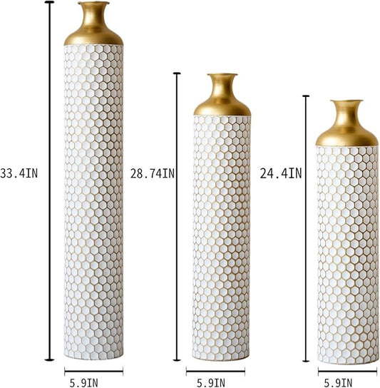 Metal Floor Vases Decorative, Set of 3 Flower Arrangement Stand, Tall White＆Gold Metal Floor Vases for Living Room, Bedroom & Entryway, 33.4", 28.74", 24.4" H (Gold＆White2)