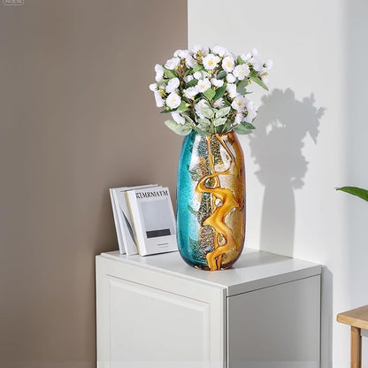 Pretty Hand Blown Glass Vase, Colored Glass Flower Vases Home Decor, Amber and Teal Decorative Murano vase for Living Room Office Bedroom Coastal Table Centerpieces Gift