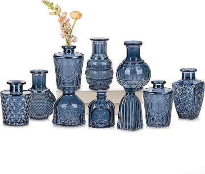 Glass Bud Vases Set of 10, Small Flower Vase in Bulk for Centerpieces, Mini Vintage Blue Vases for Rustic Wedding Vintage Home Table Decor