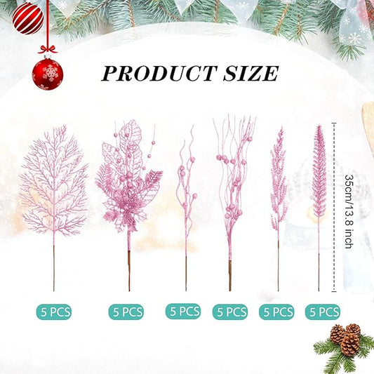 30 Pcs Artificial Christmas Tree Picks and Sprays Glitter Berry Stem Branches Holly Floral Picks Twigs Christmas Tree Ornaments for DIY Xmas Wreath Vase Filler Decorations(Pink)