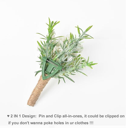 Baby Breath Boutonnieres for Men Wedding,Set of 10, Natural White Groom and Groomsmen Boutonniere with Pin for Rustic Fall Vintage Wedding, Prom and Homecoming