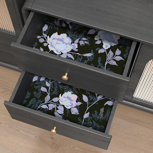 Black White Blue Floral Peel and Stick Wallpaper Flowers Contact Paper 17.5"x118" Self Adhesive Waterproof Vintage Dark Floral Wall Paper for Shelf Liner Cabinet Decor