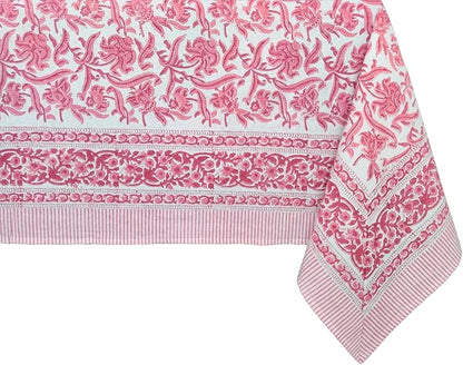 ATOSII Red Bloom 100% Cotton Tablecloth, Handblock Print Rectangle Table Cover for Kitchen Dining I Tabletop Linen I Parties, Wedding, Spring Summer Table Cloth 60 X 90 Inches