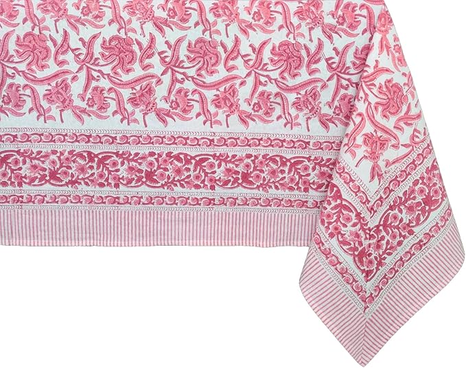 ATOSII Red Bloom 100% Cotton Rectangle Tablecloth, Block Print Floral Linen Table Cloth for Dining Parties Outdoors Weddings Holidays I 72 X 140 Inches, 12 Seater, Summer Farmhouse Grandmillennial