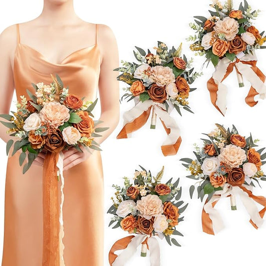 TINGE TIME 7 Inch Wedding Bouquets for Bridesmaid, Set of 4, Artificial Flowers Cascading Bridal Bouquet for Fall Wedding Ceremony Anniversary Bridal Shower and Rustic Vintage Wedding (Terracotta)