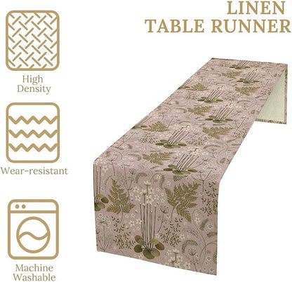Spring Floral Table Runner, Rustic Retro Field Herbal Plant Purple Pink Wildflower Country Natural Floral Fern Print Table Cover for Indoor Outdoor Dinner Party Decor, 13x70inch