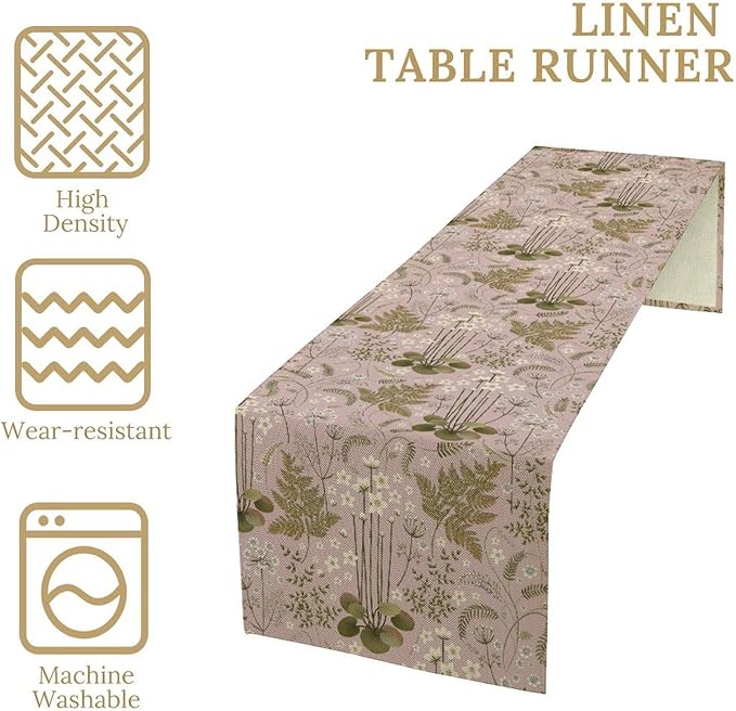 Spring Floral Table Runner, Rustic Retro Field Herbal Plant Purple Pink Wildflower Country Natural Floral Fern Print Table Cover for Indoor Outdoor Dinner Party Decor, 13x36inch