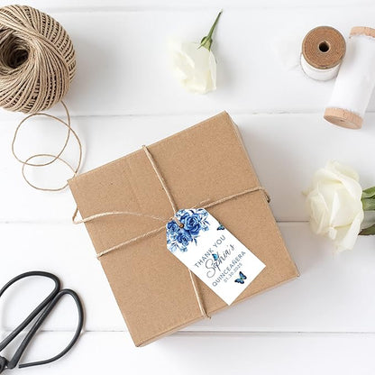Andaz Press 40-Pack Personalized Quinceañera Favor Tags with String, Blue Butterflies Custom Classic Thank You Gift Tags for Quince Años XV 15th Birthday Favor Gifts, Quinceanera Decorations