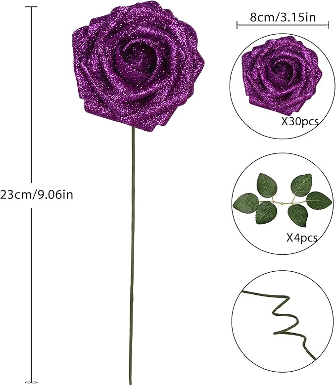 Purple Roses 30PCS Purple Glitter Flowers Bouquet 3.15" Artificial Roses with Stems for DIY Wreath Wedding Christmas Home Party Decor