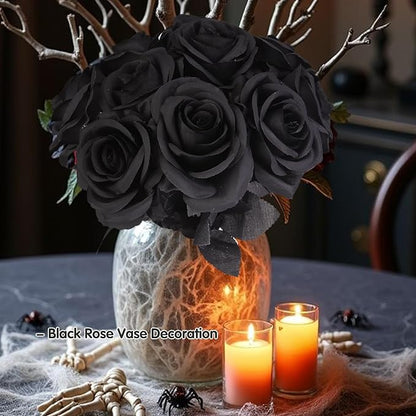 Felice Arts 12 Pack Black Roses Artificial Flowers with Black Stems Silk Roses Fake Flowers Bouquet for Halloween Centerpiece Table Vase Home Inddor Kitchen Party DIY Decor