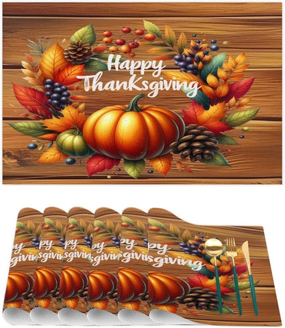 Thanksgiving Pumpkin Holiday Rainbow Placemats Set of 4 PVC Vinyl Non Slip Table Mats Heat Resistant Place Mats Washable Wipeable Dining Table Mat for Kitchen Party Indoor Outdoor Decorative Gift