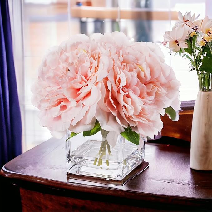 Enova Home Artificial Peony Flowers Arrangements in Cube Glass Vase with Faux Water for Home Table Wedding Centerpiece Decor (Pink)