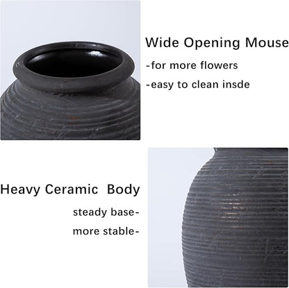 8 Inch Ceramic Black Vase -Rustic Flower Decorative Vases for Home Decor- Vintage Pottery VaseTerracotta Vase for Christmas, Farmhouse House Shelf Decor Farmhouse Table, Lyeec