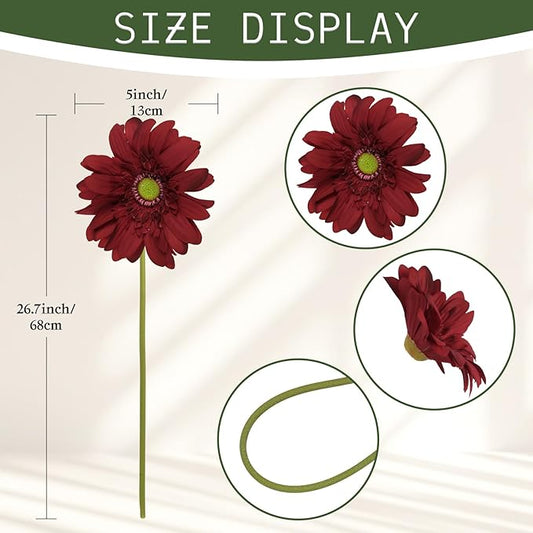 Red Gerbera Daisy Artificial Flowers – 5PCS Real Touch Faux Daisies, 26.7" Long Stem Gerber Daisies, Artificial Flowers with Stems for Romantic Arrangements, Wedding Centerpieces Home Decor