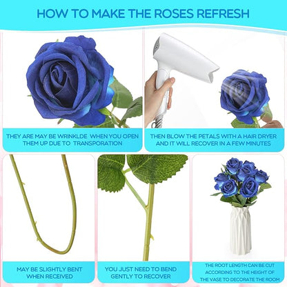 Jexine 50 Pcs Artificial Rose Flower Bulk Realistic Silk Fake Roses with Long Stem Plastic Artificial Flower Bouquet Real Looking for Home Wedding Centerpieces Party Decoration(Blue)