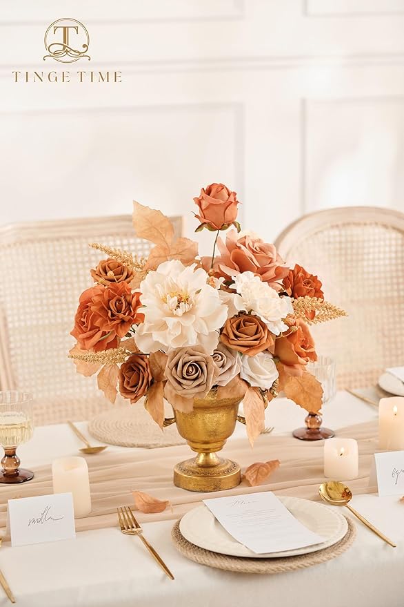 TINGE TIME Artificial Flowers Light Burnt Orange & Champagne Flower Combo for DIY Wedding Bouquets Table Centerpieces Arrangements Party Dinner Party Baby Shower Home Fall Decorations
