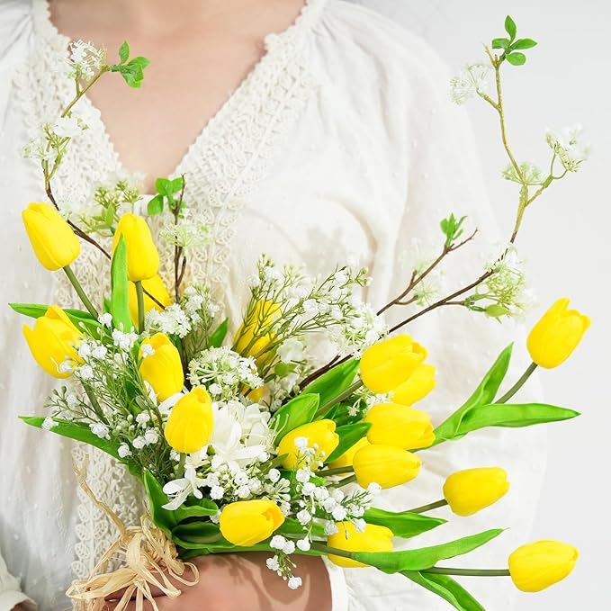 Real Touch Artificial Tulips, 20pcs Fake Tulip Flowers Stem, PU Faux Tulips 13.5” for Mother's Day, Home Decor, Wedding, Easter Valentine's Gift, Table Centerpiece, Floral Arrangements, Yellow