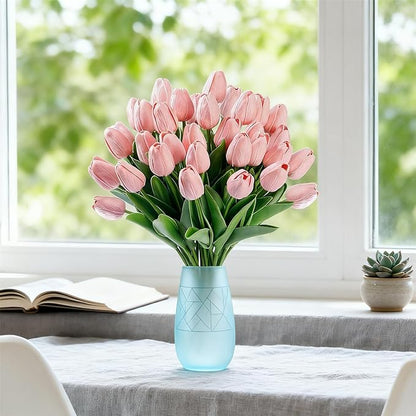 Pink Faux Tulips (20 Pcs) - Premium PU Artificial Flowers for Christmas & Thanksgiving Table Setting, Winter DIY Home Decor - 13.5" Real Touch