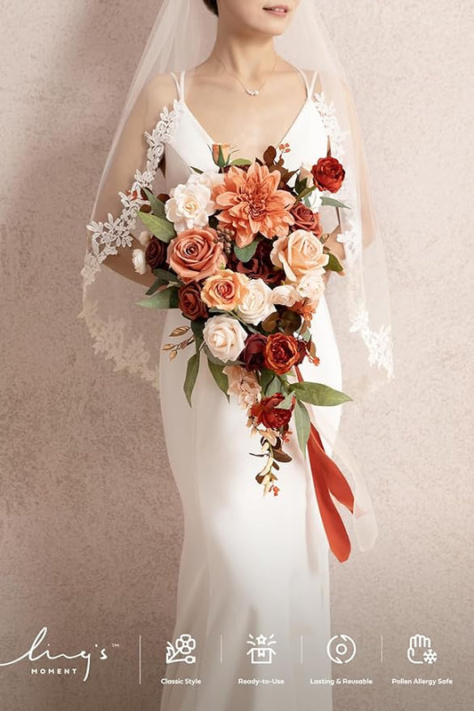 Ling's moment Terracotta Bridal Bouquet Cascading, Burnt Orange Wedding Bouquets for Bride, 13 Inch Bride Bouquets for Wedding Artificial Flowers Bouquets