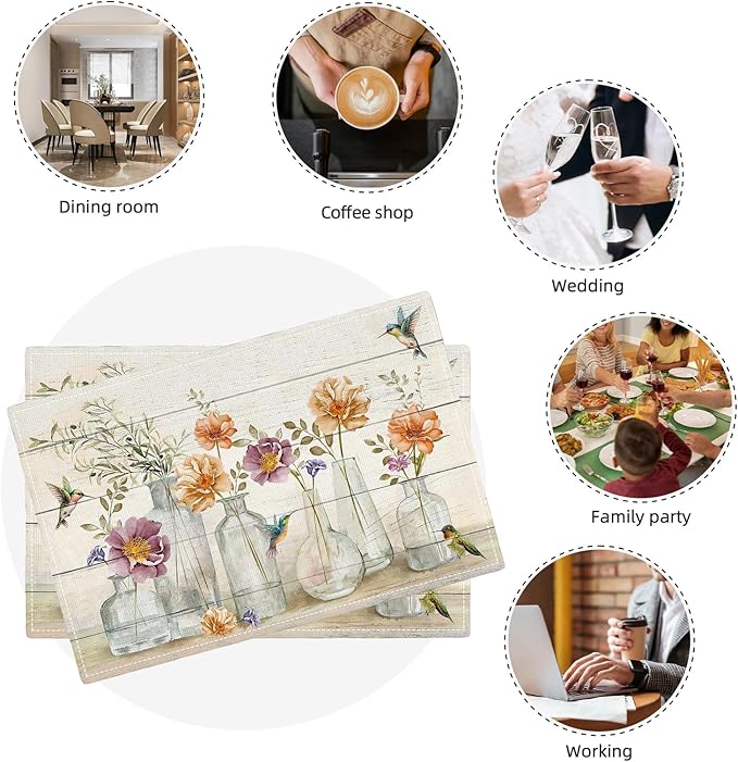 Floral Placemats Set of 4 Flower Hummingbird Table Mats Washable Place Mats for Home Party Indoor Kitchen Dining Table Decoration 12x18 Inch