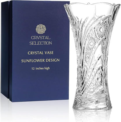 CS Crystal Vase 12-inch high, Sunflower Design, for Flowers & Decor. Lovely Nice Shiny Piece. Perfect as a Gift, Suitable for All Occasions.