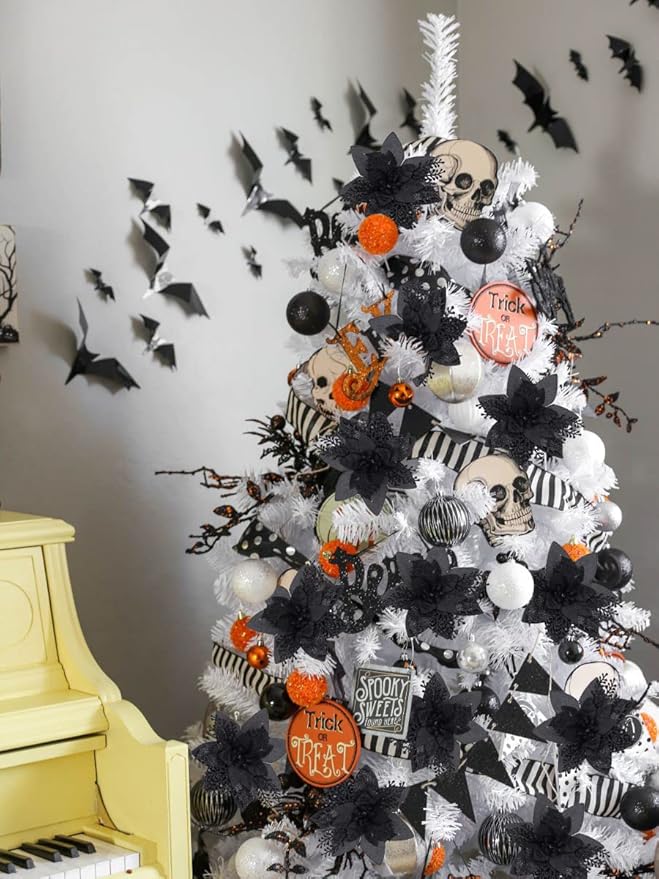 RECUTMS Black Christmas Glitter Artificial Flowers 10 Pcs 6inch Christmas Tree Flowers Halloween Ornaments Holiday Seasonal Decorations