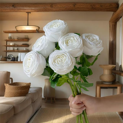 5Pcs White Real Touch Artificial Austin Rose Peony Silk Flowers with Stems - Lifelike Latex Fake Roses for Home Decor, Weddings, and DIY Floral Arrangements