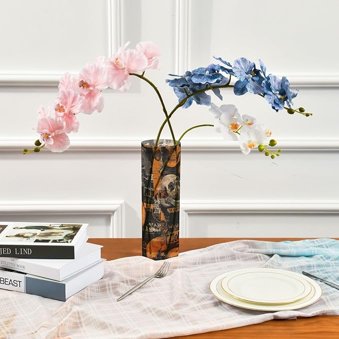 Flower Vase Clear Plastic Cylinder Vases Decor for Centerpieces Home Storage Office Weddings Vintage Orange and Grey Rock Skulls 11.8 x 3.9 in