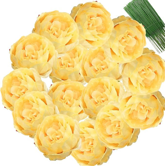 FagusHome 25 Pcs Silk Peony Artificial Flower Heads 4 inch Fake Peony Flowers Heads with Stems Artificial Peony Flower Heads in Bulk Wholesale for Wedding Home Decor (Yellow)