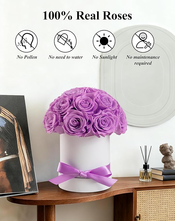 Preserved Roses Dome in a Box, Forever Real Roses Decor, Eternal Flowers for Delivery Prime, Best Gifts Birthday, Wedding, Anniversary, Mother's Day, Christmas for Her, 18-Pieces (Purple)