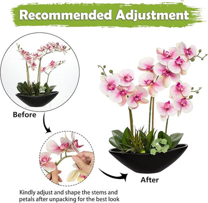 Briful Pink Orchid Fake Flowers 17in Artificial Orchid Silk Flowers in Black Pot Faux Orchid Arrangement for Home Office Bathroom Table Centerpiece Modern Decor