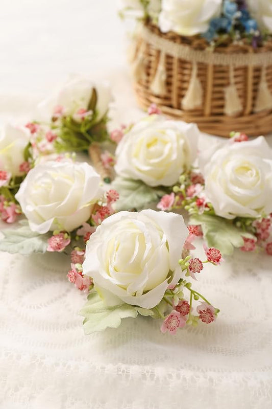 White & Pink Rose Corsage and Men Boutonniere Set for Wedding Ivory Corsages Wristlet Band Bracelet for Wedding Flowers Accessories Prom Suit Decorations