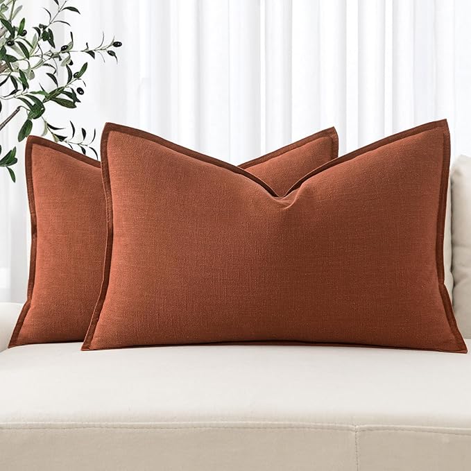 MIULEE Decorative Linen Lumbar Pillow Covers 12x20 Inch Rust Boho Farmhouse Neutral Couch Throw Pillows for Bed Pack of 2 Accent Modern Pillowcase Summer Sofa Livingroom Home Decor