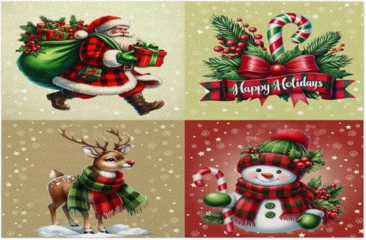 Christmas Waffle Santa Claus Cute Placemats Set of 1 PVC Vinyl Non Slip Table Mats Heat Resistant Place Mats Washable Wipeable Dining Table Mat for Kitchen Decor Party Indoor Outdoor Decorative Gift